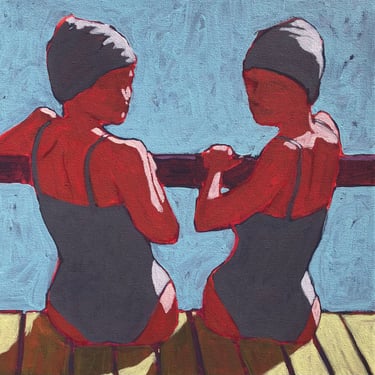 Swimmers #2 - Original Acrylic Painting on Canvas 14 x 14 - michael van, summer, mcm, retro, gallery wall, women, swim cap, bathing suit 