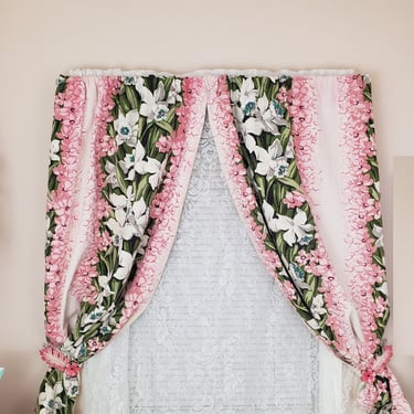 Vintage 1950's Barkcloth Curtains / 60s Pink Daffodil Drapes/ 2 Individual Panels 