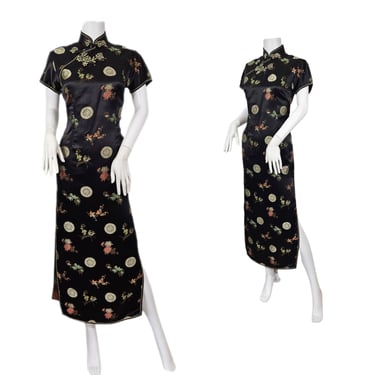 1960's Black Rayon Satin Embossed Floral Print Chinese Cheongsam Dress I Sz Med 