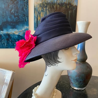 1950s hat, wide brim, vintage millinery, Jan Leslie, navy blue, magenta flower, pleated chiffon, avant garde, vintage 50s hat, mrs maisel 