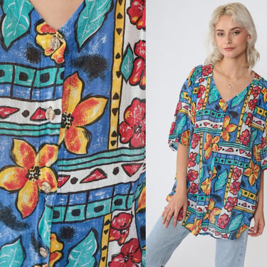 90s Floral Blouse Button Up Shirt Abstract Geometric Flower Print Short Sleeve Top Boho Summer Blue Red Yellow Cotton Vintage 1990s Large L 