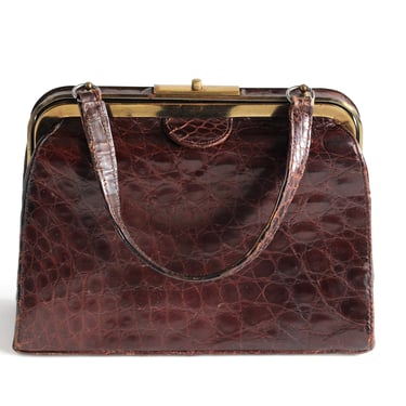 1940s Sterling Alligator Satchel Handbag Lined in Leather - Framed Top Opening Vintage Purse 