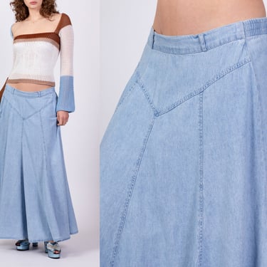 90s Hippie Chambray Jean Maxi Skirt - Large | Vintage Boho High Waisted Long Flowy Cotton Denim Hippie Skirt 