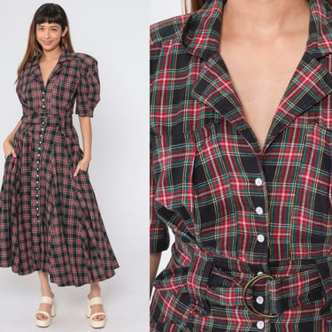80s Plaid Maxi Dress Puff Sleeve Dress Black Tartan High Waisted Button Up Vintage Cottagecore Belted Checkered Long Western Country Small 