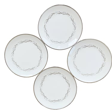 4 MCM Noritake Almont bread & butter plates. Elegant modern dinnerware, white wedding china with platinum rims. Made in Japan 1960. 