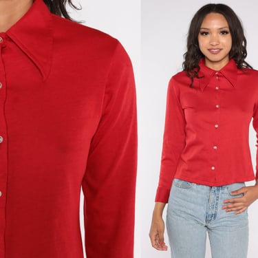 70s Red Shirt Dagger Collar Shirt Button Up Shirt Long Sleeve Top Disco Shirt 1970s Collared Plain Oxford Small S 