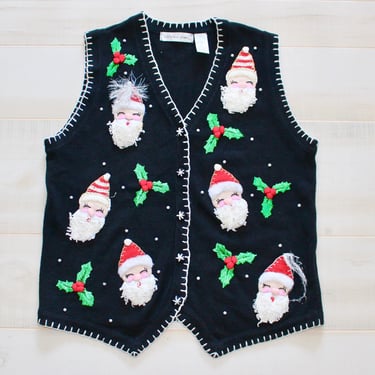 Vintage Ugly Christmas Sweater, Vest, Novelty, Kawaii, Holiday, Santa, Mistletoe, Embroidered, Xmas, 1990s 90s 