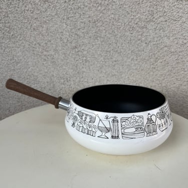 Vintage MCM modern sauce white pan with wood handle enamel metal black kitchen graphics size 6.5” x 3.5” 