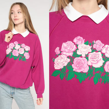 Floral Sweatshirt 80s Fuchsia Sweatshirt Collared Vintage RAGLAN Sleeve Sweater Deep Pink Kawaii Graphic 90s Slouchy Extra Large xl 