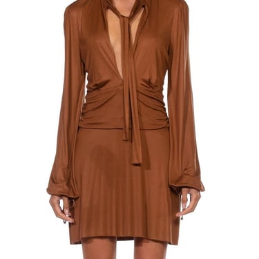 1990S Gucci Caramel Brown Rayon Jersey Low Cut Mini Cocktail Dress With Sleeves 