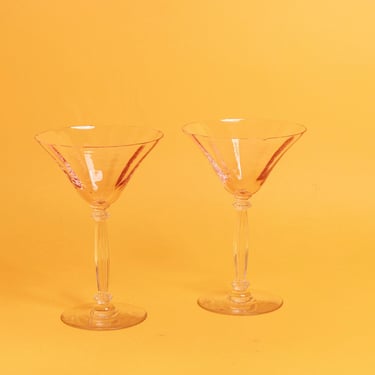 Set of 2 50s Pink Clear Martini Glasses Vintage Cocktail Pastel Barware Glass 