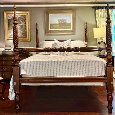 Sheraton Field Bed with Rope Carved Footposts in Mahogany, Original Posts ~ Circa 1830, Resized to Queen with Chamfered Roll-Back Headboard &amp; Turned Blanket Rail&lt;/p#x3E; SKU: CH073124A&lt;p#x3E; &lt;/p#x3E;&lt;p#x3E;