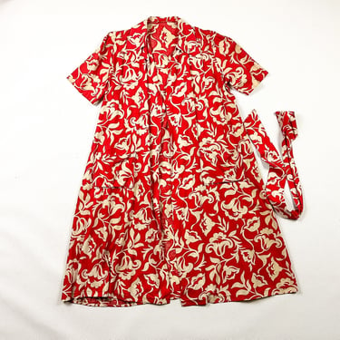 1920s Art Deco Cotton Floral Print Robe / Red and White / 20s / 30s / Smoking Jacket / Duster / M / Medium / Belt / Gatsby / Vibrant / 