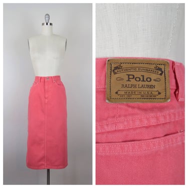 Vintage 1990s Ralph Lauren Polo denim skirt, USA, high waist, coral, pencil 