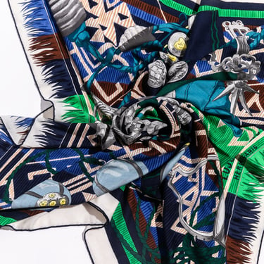 HERMES Blue & Green Large Cotton Scarf