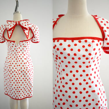 1980s Victor Costa Red and White Polka Dot Dress 