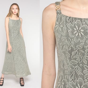 Floral Lace Gown 90s Long Party Dress Sleeveless Maxi Dress Glam Formal Cocktail Metallic Buckle Strap Vintage 1990s Column Small S 