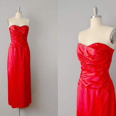 1950’s Gown /  Red Strapless Silk Satin Gown / Size Small - Medium 