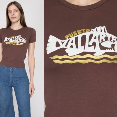 XS 70s 80s Puerto Vallarta Mexico Tourist T Shirt | Vintage Brown Fish Graphic Souvenir Crop Top Tee 