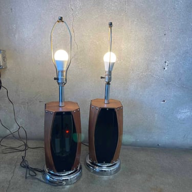 Pair of Mid Century Walnut & Smoked Plexiglass Lamps