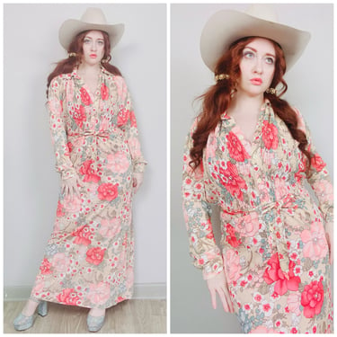 1970s Vintage Johnnye Floral Smocked Bodice Dress / 70s / Seventies Button Up Belted Maxi Dress / Size XXL 