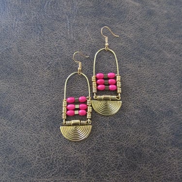 Pink magnesite stone and gold ethnic statement earrings 