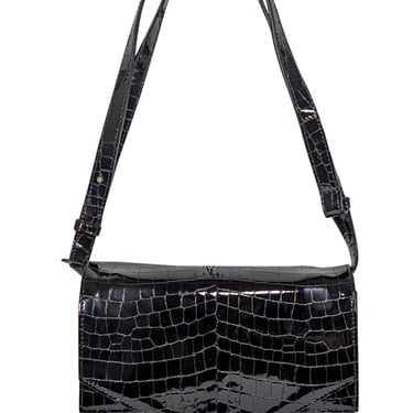 Ganni - Black Patent Leather Croc Embossed Shoulder Bag