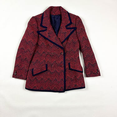 1970s Red and Blue Tweed Zig Zag Double Breasted Blazer / Wool / Psychedelic / 1960s / Double Breasted / Carnaby / Medium / Mod / Hippie / 