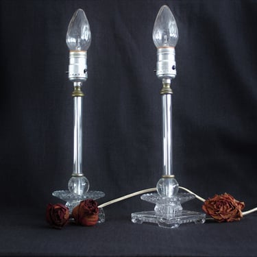 Pair of Sleek Mid Century Vintage Glass Column Table Lamps 