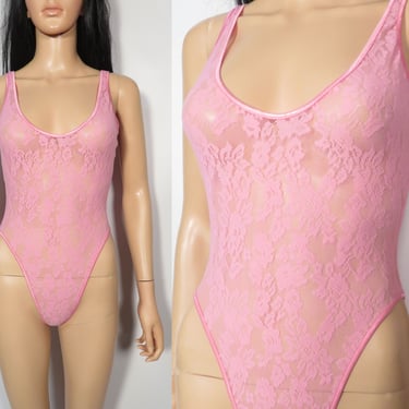 Vintage 80s Stretchy Pastel Pink Lace Lingerie Bodysuit Made In USA Size S 