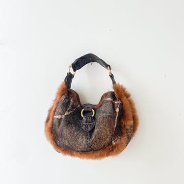 Brown Suede Fur Trimmed Shoulder Bag
