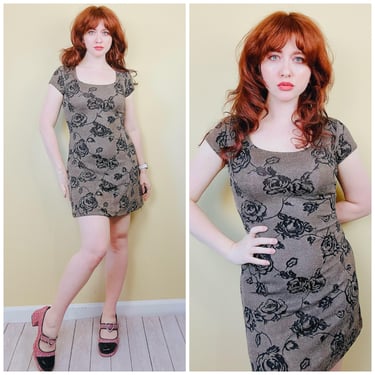 1990s Vintage All That Jazz Slinky Lycra Mini Dress / Rose Print Floral Stretch Body Con Dress / Small 