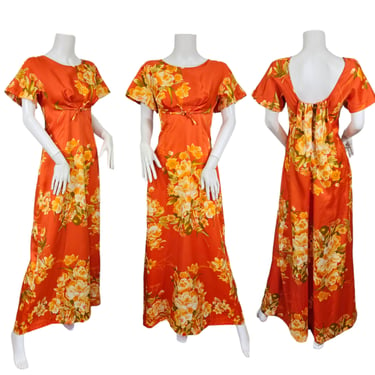 Mildred's of Hawaii 1970's Orange Floral Maxi Dress I Sz Med I Liberty House I Waterfall back 