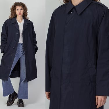 Vintage Military Duster Jacket - Men's Medium, 40R | 80s Navy Blue Long Trench Button Up Army Coat 