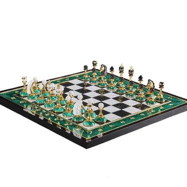 Russian Dolerite, Malachite & Kascholong Opal Chess Set