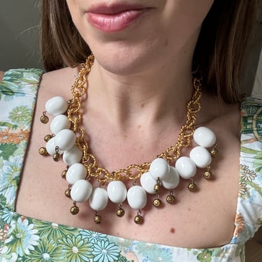 60s Chunky Gold Chain White Bead Statement Necklace