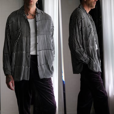 Vintage 80s CREATION by CORINNE BRODBECK Black & White Broken Striped Blouson Draped Shirt | 100% Viscose Rayon | 1980s Designer Mens Shirt 
