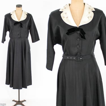 1940s Black Satin Cocktail Dress | 40s Black Evening Dress | Black & White Collar Dress | Medium 