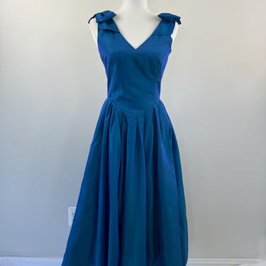 1980s Laura Ashley Turquoise Blue Taffeta Dress 