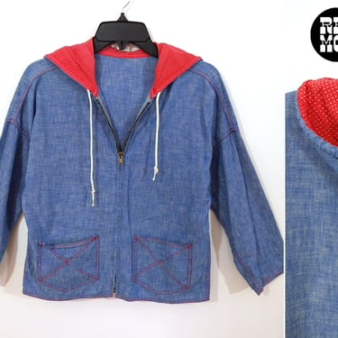 Cute Vintage 60s 70s Blue Chambray Cotton Lightweight Jacket with Red Polka Dot Lined Hood 