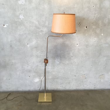 Mid Century Modern Brass and Wood Adjustable Floor Lamp