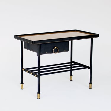 Jacques Adnet Black Leather and Glass Side Table or Night Stand France c1950