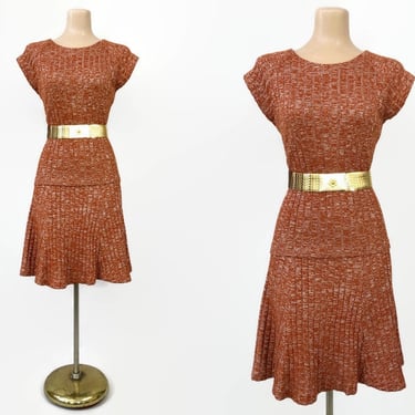 VINTAGE 70s Rusty Orange and Silver Metallic Lurex Knit Skirt and Sweater Set | 1970s 2 Piece Knitwear Dress Set | VFG 
