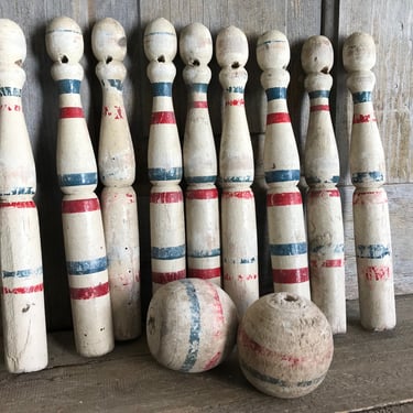 Charming French Wood Skittle Game, Set of 9, Wooden Bowling Game, French Farmhouse 