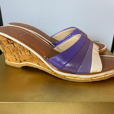 1970s sandals, cork heels, vintage mules, 70s slides, purple stripes, ombre shoes, size 11, mod, open toe, 1970s wedges, wedge sandals, 