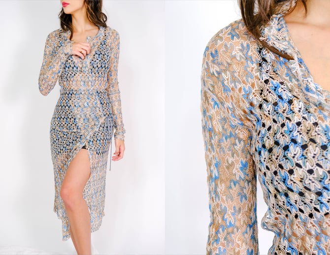 Vintage 90s MISSONI Antoinette Pastel Sheer Mesh Leaf Knit Wrap Dress Unworn w/ Tags | Made in Italy | DEADSTOCK | 1990s Designer Coverup 