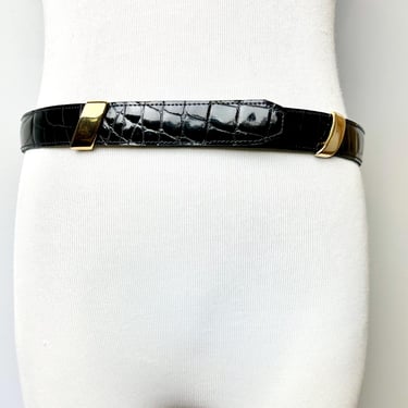 Vintage 1990’s sleek black leather belt with glossy gold accent~ skinny belts trouser style~ perforated embossed Gator look ~ size 31”-33” 