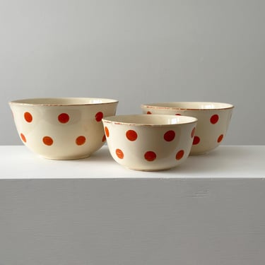 1930s – Bennett Bakeware Nesting Bowls Set Orange Polka Dot Vintage Kitchen 