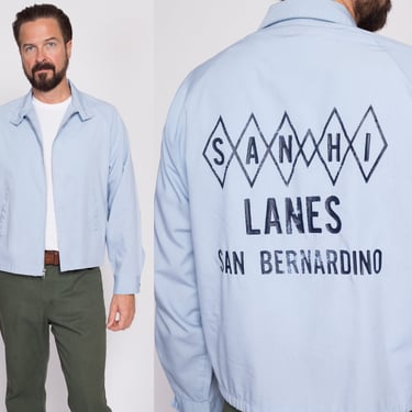 Large 70s San-Hi Lanes San Bernadino Bowling Alley Jacket | Vintage Blue Zip Up Lightweight Harrington Jacket 