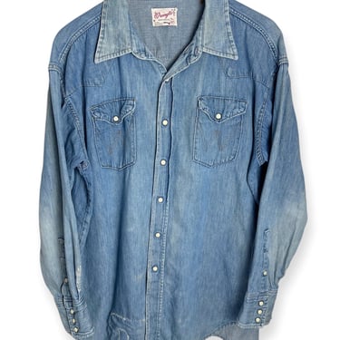 Vintage 1960s WRANGLER 27MW Sanforized Denim Western Shirt ~ 2XL / XXL ~ Made in USA ~ Cowboy ~ Patched / Repaired / Worn-in 